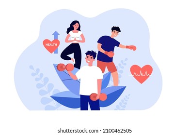 Athletes training heart with physical exercises. People doing yoga, boxing and dumbbell workout flat vector illustration. Sports, activity concept for banner, website design or landing web page