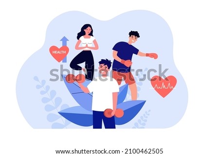 Athletes training heart with physical exercises. People doing yoga, boxing and dumbbell workout flat vector illustration. Sports, activity concept for banner, website design or landing web page