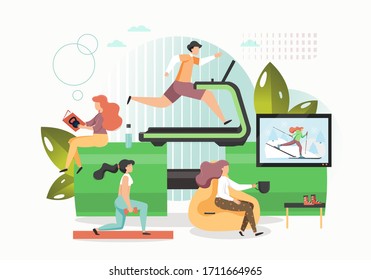 Athletes training on treadmill, with dumbbells in medical center or rehabilitation gym, vector flat illustration. Physiotherapeutic recovery after sport physical injury. Sports medicine and recovery.