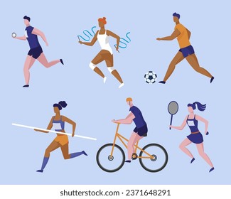 Entrenamiento de atletas para ilustraciones vectoriales de competición deportiva. Diversas personas compitiendo en gimnasia rítmica, fútbol, ciclismo, atletismo, bóveda de palo. Concepto de deporte profesional