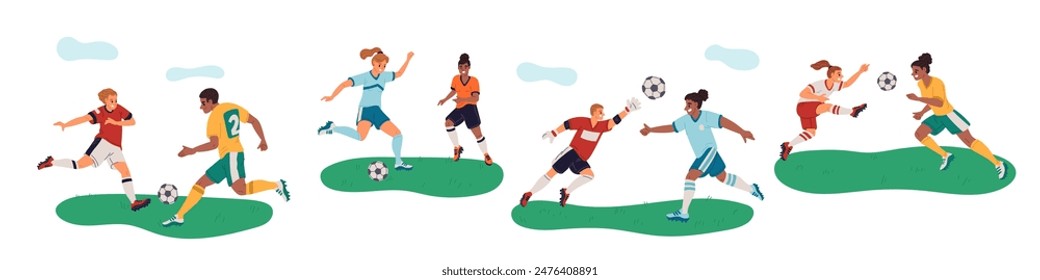 Athletes in uniform kick ball. Fighting soccer players. Sportsmen characters attacking and defending goals. Football match. Game competition. Footballers dynamic poses