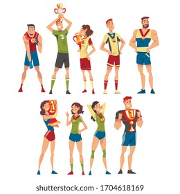 Athletes of Various Sports Disciplines Celebrating Victory Collection, Happy Sportspersons Posing with Medals and Winner Cups Vector Illustration