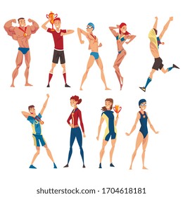 Athletes of Various Sports Disciplines Celebrating Victory Collection, Happy Sportsmen and Sportswomen Posing with Medals and Winner Cups Vector Illustration