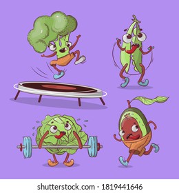 ATHLETES VEGETABLES Sport Cartoon Comic Health Nutrition Hand Drawn T-shirt Vector Illustration Set For Print