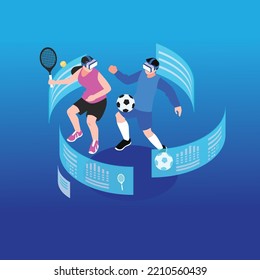 Athletes with VR headsets playing virtual sports 3d isometric vector illustration concept for banner, website, landing page, ads, flyer template