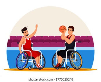 Athletes In Wheelchair Play Basketball. Disabled Men Training For Paralympics Game, Active Sport For Invalid Person. Vector Character Illustration Of Tolerance, Inclusive, Accessibility And Diversity