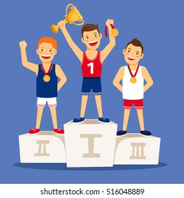 Athletes winner podium. Cartoon winning sportsmen on pedestal with medals and trophy. Vector illustration