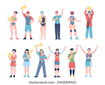 Athletes with winner trophies and medals. Sport champions hold gold trophy and medal. Olympic games win, championship victory recent vector characters