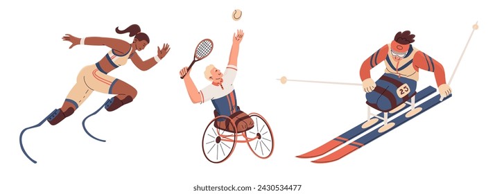 Athletes without legs participate in sports competitions. Limb replacement. Skier, tennis player, runner. A full and happy life. Vector illustration isolated on transparent background.