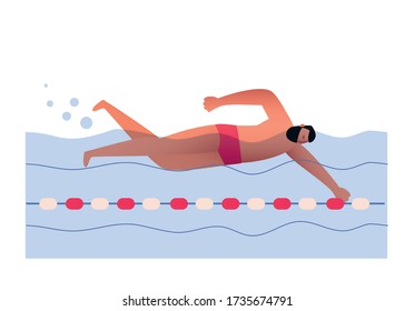 An athlete-swimmer swims in the pool, performs a crawl. Sports swimming in the distance. Vector illustration of a water sport