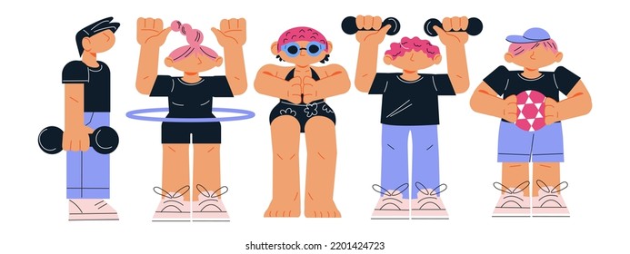 Athletic active children playing sports and doing various sport exercises, flat cartoon vector illustration isolated on white background. Children doing sports.