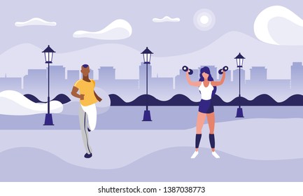 athletic afro man running and woman weight lifting in park