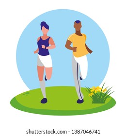 athletic afro man and woman running in the camp