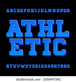 Athletic alphabet vector font. Retro style typeface for labels, titles, posters or sportswear. Type letters and numbers. Stock vector typography.