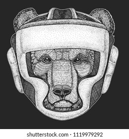 Athletic animal Boxing champion. Print for t-shirt, emblem, logo. Martial arts. Vector illustration with fighter. Sport competition. Brown bear