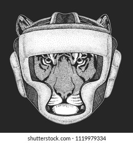 Athletic animal Boxing champion. Wild tiger Print for t-shirt, emblem, logo. Martial arts. Vector illustration with fighter. Sport competition.