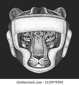 Athletic animal Boxing champion. Wild cat Leopard Cat-o'-mountain Panther Print for t-shirt, emblem, logo. Martial arts. Vector illustration with fighter. Sport competition.