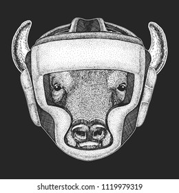 Athletic animal Buffalo, bison,ox, bull Boxing champion. Print for t-shirt, emblem, logo. Martial arts. Vector illustration with fighter. Sport competition.