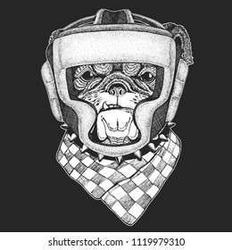 Athletic animal Bulldog, dog. Boxing champion. Print for t-shirt, emblem, logo. Martial arts. Vector illustration with fighter. Sport competition.