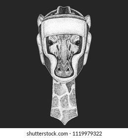 Athletic animal Camelopard, giraffe Boxing champion. Print for t-shirt, emblem, logo. Martial arts. Vector illustration with fighter. Sport competition.