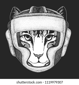 Athletic animal Domestic cat. Boxing champion. Print for t-shirt, emblem, logo. Martial arts. Vector illustration with fighter. Sport competition.