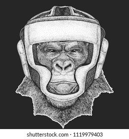 Athletic animal Gorilla, monkey, ape Boxing champion. Print for t-shirt, emblem, logo. Martial arts. Vector illustration with fighter. Sport competition.