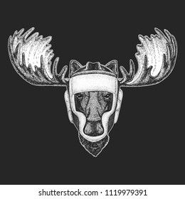 Athletic animal Moose, elk Boxing champion. Print for t-shirt, emblem, logo. Martial arts. Vector illustration with fighter. Sport competition.