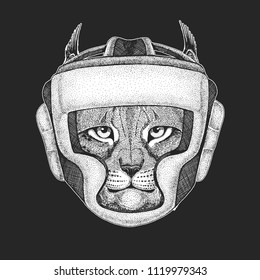 Athletic animal Wild cat Lynx Bobcat Trot Boxing champion. Print for t-shirt, emblem, logo. Martial arts. Vector illustration with fighter. Sport competition.