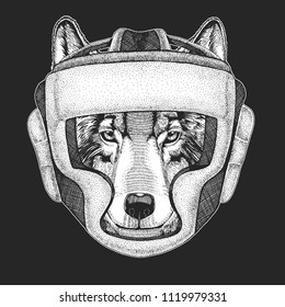 Athletic animal Wolf Dog Boxing champion. Print for t-shirt, emblem, logo. Martial arts. Vector illustration with fighter. Sport competition.