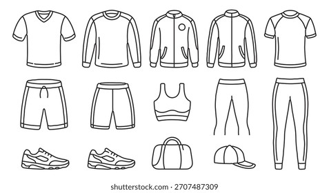 Conjunto de arte de línea de ropa y accesorios deportivos para diseño de ropa deportiva  
