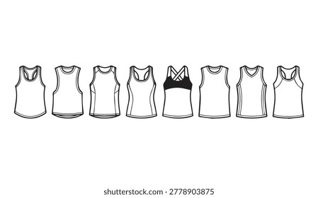 Athletic apparel mockups showcasing various tank top and sports bra styles. Ideal for fashion design sportswear branding and e-commerce.