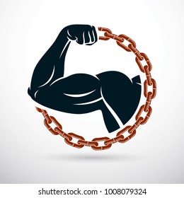 Athletic arm composed with iron chain, symbol of strength, lifter graphic vector illustration. Power lifting.