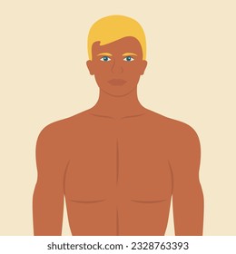 sportlich attraktives Jugendmodell. Sportler, gut aussehender muskulöser Mann oder sexy Brust-Shirtmännchen. Oberkörper und Brustmuskeln männlich. blondes Haar, Vektorgrafik. passender Körpervektor. scharfe Gay-Typ-Illustration