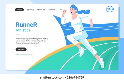 Athletic banner landing page woman character run on stadium Illustration. woman running on track