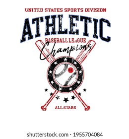 Athletic baseball varsity print design for t-shirt. College tee shirt print. Typography graphics for sportswear and apparel. Vector illustration.