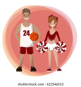 Athletic basketball athlete wearing a sports suit standing holding basketball. Cheers cheerleader standing pompom tassel.Vector/Illustration