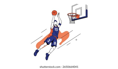 Athletic basketball player in mid air shooting the ball toward the hoop with motion lines and shadow effect for dynamic action