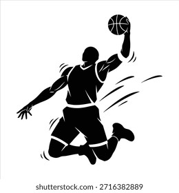 Jogador de basquete atlético, entroncamento, salto dinâmico, ação esportiva, jogo competitivo, atleta profissional, hoop play, pausa rápida, momento da vitória, estádio, quadra, trabalho em equipe, desempenho, movimento, energia.