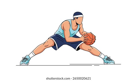 Athletic basketball player in a wide stance dribbling the ball with focused intensity during a game or practice session