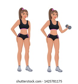 Athletic beautiful girl holding a dumbbell in her hands, healthy lifestyle, beautiful figure, proper nutrition, weight loss.