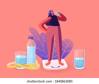 Athletic Beautiful Sportswoman Character on Diet Stand on Scales Drinking Water from Bottle Refreshing after Fitness Sports Activity. Healthy Lifestyle, Dieting Concept. Cartoon Vector Illustration