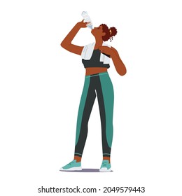 Athletic Beautiful Sportswoman with Towel on Shoulders Drinking Water from Bottle Refreshing after Fitness Sports Activity. Female Character Healthy Lifestyle Concept. Cartoon Vector Illustration