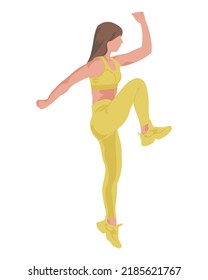 athletic beautiful and strong girl on a white background makes jumps for a healthy body