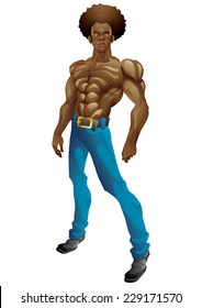 Athletic black man with big afro posing isolated