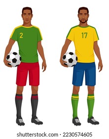 Hombre negro atlético, sosteniendo una pelota de fútbol. Jugador de fútbol africano o brasileño con camiseta de fútbol verde o amarilla. Caricatura. Aislado en blanco.