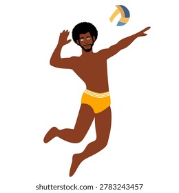 athletic black man jumping high playing beach volleyball game
