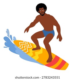 athletic black man riding wave on surfboard in ocean