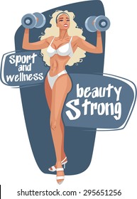 athletic blonde with dumbbells in hand dressed in swimsuit posing