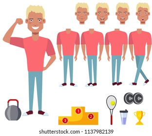 Athletic bodybuilder with dumbbell character set with different poses, emotions, gestures. Part of body, shaker mug, tennis racket, pedestal. Can be used for topics like weight training, winner, sport