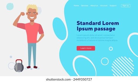 Athletic bodybuilder showing biceps. Happy sporstman character with kettlebell. Flat vector illustration. Sport, training, active lifestyle concept for banner, website design or landing page